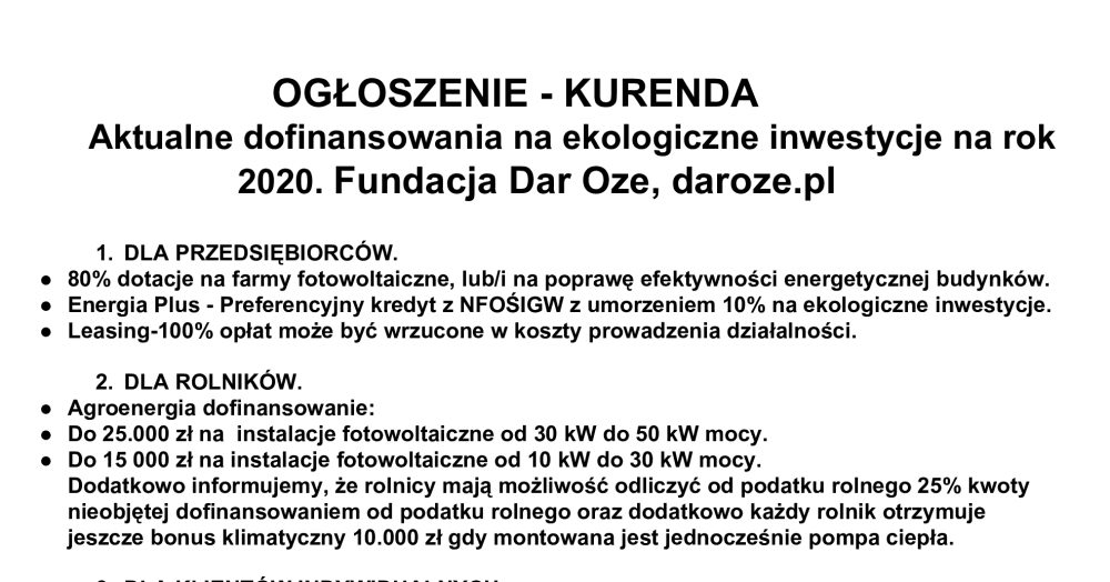 Informacja O Aktualnych Dofinansowaniach...
