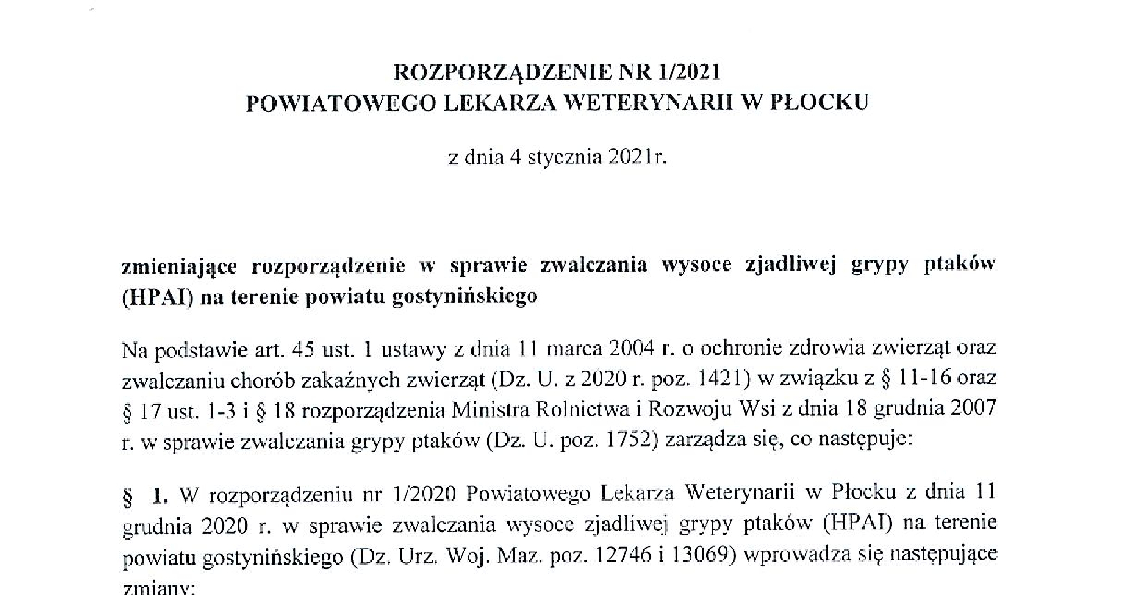 Rozporządzenie nr 1/2021 Powiatowego Lekarza Weterynarii w Płocku
